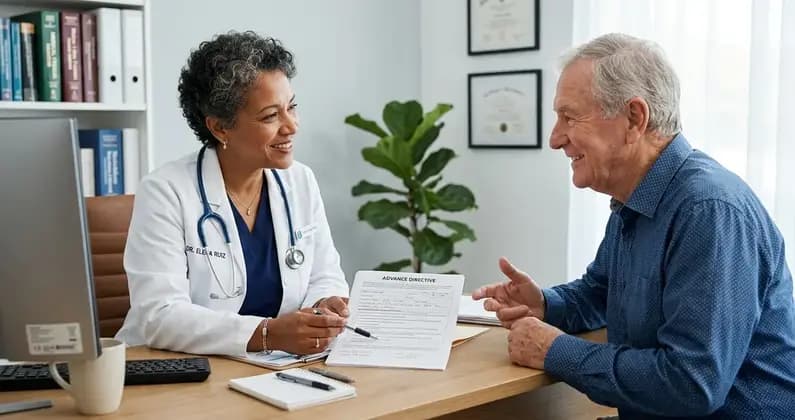 Arzt und Patient im vertraulichen Gespräch, Patientenverfügung auf dem Tisch