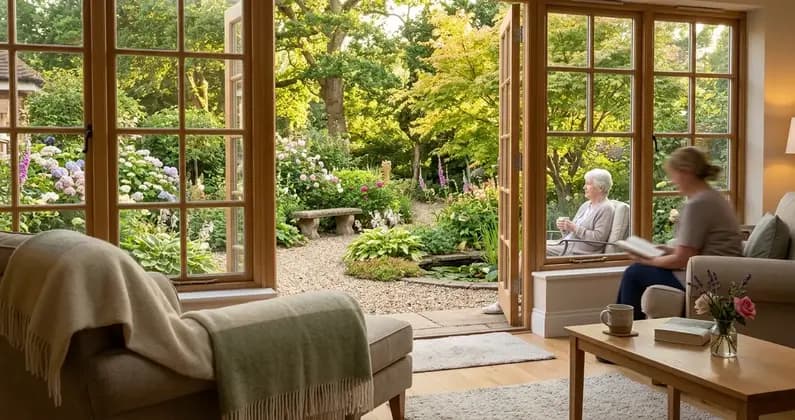 Ruhiges Zimmer mit Blumen und Kerzenlicht, symbolisch für würdevolles Sterben im Hospiz