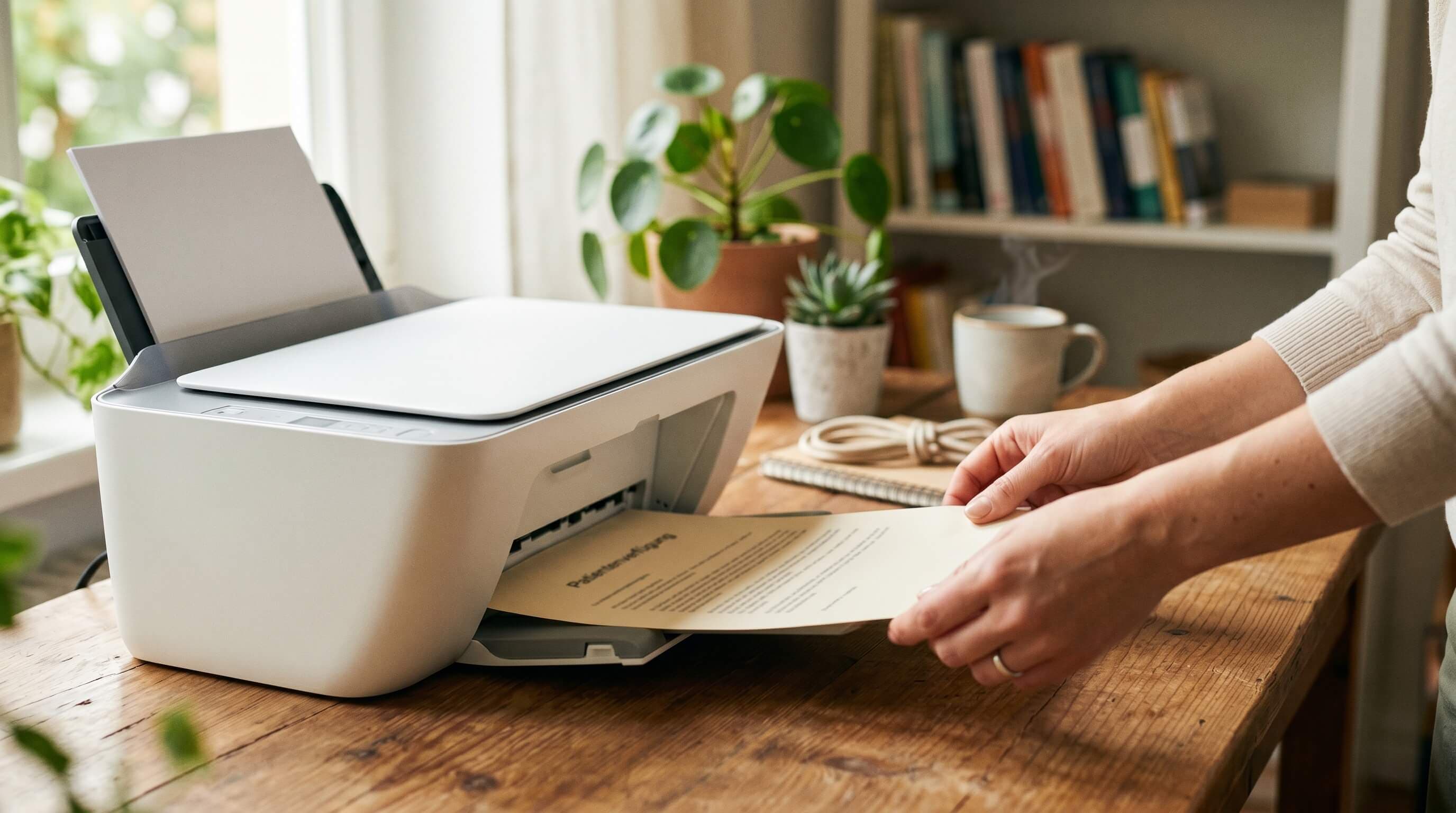 Drucker gibt ein Dokument aus, daneben liegt ein Kugelschreiber